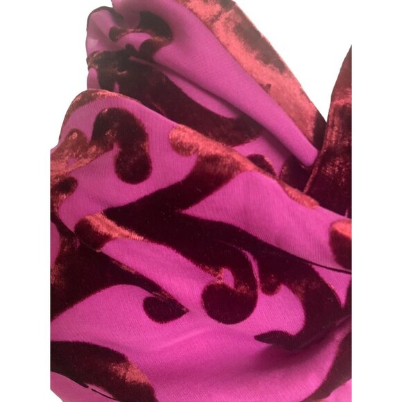 Vtg Anne Klein Sheer Nylon Velvet Plum Wine Scroll w Fringe Neck Scarf 7" x 64" - Picture 3 of 11